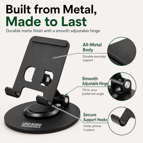 Uncaged Ergonomics 360° Swivel Rotating Adjustable Phone Stand for Desk, Portable & Foldable Cell Phone Stand for Desk, Compact Mobile Stand for Tabletop, Office, Kitchen & Bedroom (Black)