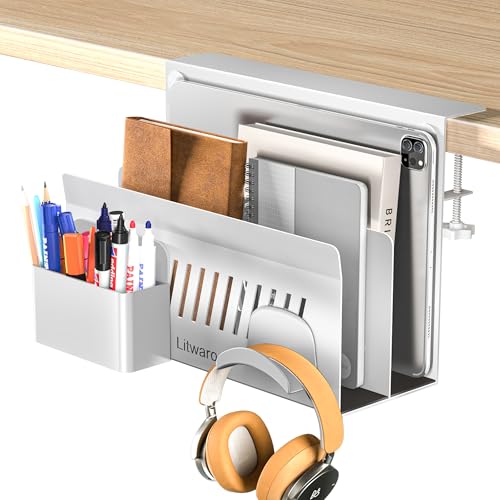 Litwaro Desk Side Storage Organizer, 2 Tier Under Desk Laptop Holder No Drill, Laptop Mount with Magnetic Pen Holder, Hanging Desk Organizer Fits Flat Edge Desks 0.4" to 2.1" (White) - color: White, size: 11.8"-2Tier