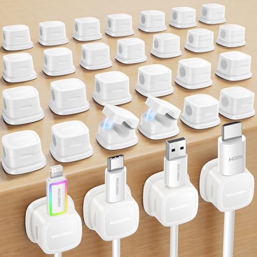 30 Pack Cable Management Cord Organizer,Magnetic Cable Clips-1s Lock,Rocoren Desk Adhesive Cord Cable Clip Wire Holder Keeper for Phone Charger Wire,Nightstand,Car,Office,Desktop Accessory,White - color: White