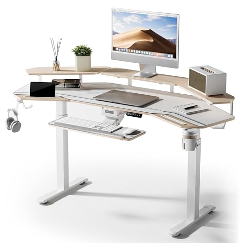 EUREKA ERGONOMIC Standing Desk with Keyboard Tray, Large Music Studio Gaming Desk, Wing Shaped Sit Stand Table 72'', LED Convertible Shelves, Dual Motor&Slot, Maple - color: Maple, size: 72"W x 35"H-Adjustable