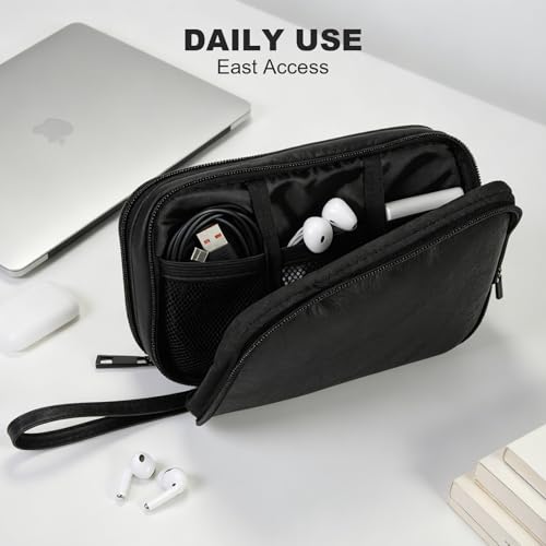 Travel Cable Organizer Bag, Electronic Accessories Carry Pouch, Portable Waterproof Double Layers All-in-One Storage Bag for Cord, Charger, Phone, Earphone (Black, Small)