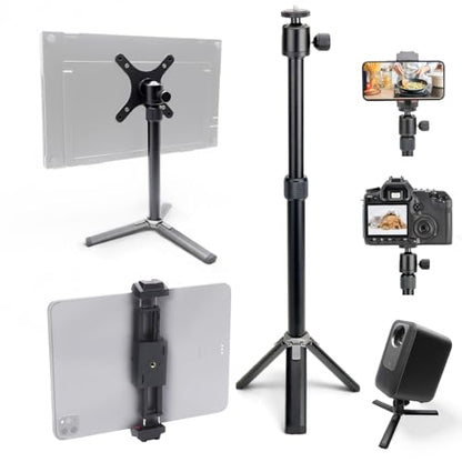 Kado Metal Portable Monitor Tablet Stand Tripod, Adjustable Height & Angle | 100x100mm 75x75mm Wall/Arm Mount Clamping, 360° Ball Head and 1/4" Screw Compact for Phone, Tablet, Projector, Camera, Webcam - style: Gray Black