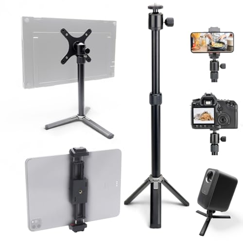 Kado Metal Portable Monitor Tablet Stand Tripod, Adjustable Height & Angle | 100x100mm 75x75mm Wall/Arm Mount Clamping, 360° Ball Head and 1/4" Screw Compact for Phone, Tablet, Projector, Camera, Webcam - style: Gray Black