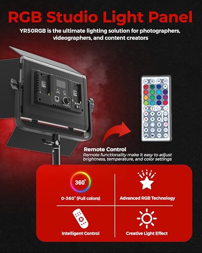 REFLEX CAMERA RGB LED Video Light Panel 3200K–5600K Bi-Color Dimmable with App & Remote Control – Studio Light for Photography, YouTube, Filmmaking, Adjustable Hue Saturation Barn Doors