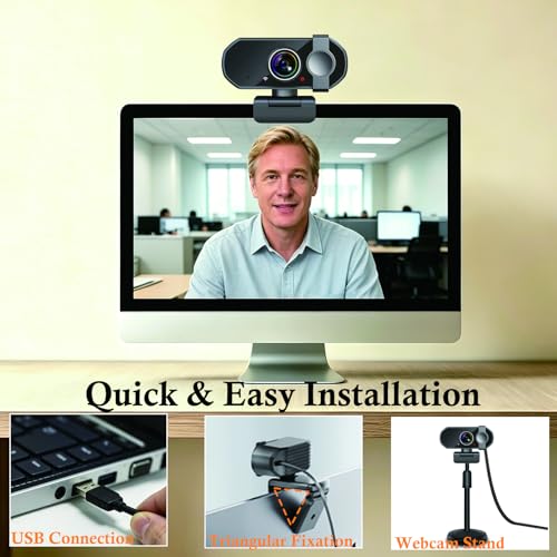 Full HD 1080P Webcam for Video Conference – Computer Camera with Built-in Noise Reducing Dual Mics, Autofocus, Wide-Angle Lens, Privacy Cover, Desk Stand, Plug and Play for Desktop PC, Laptop