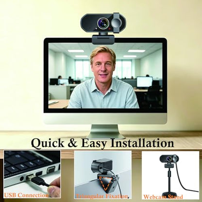 Full HD 1080P Webcam for Video Conference – Computer Camera with Built-in Noise Reducing Dual Mics, Autofocus, Wide-Angle Lens, Privacy Cover, Desk Stand, Plug and Play for Desktop PC, Laptop