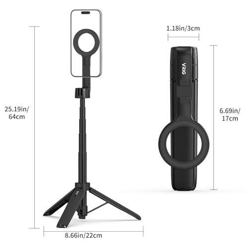 VRIG TP-27 Magnetic Pocket Selfie Stick Tripod for iPhone, 21" Extendable Phone Tripod with Cold Shoe and Magnetic Phone Holder, Compatible with iPhone 17 16 15 14 13 12 Series