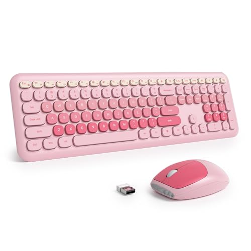 Light Pink Quiet Keyboard and Mouse Wireless, Retro Typewriter 104-Key Fullsize Keyboard Round Keys for Home Office Dorms PC/Laptop/Desktop(Diary Pink) - color: Diary Pink