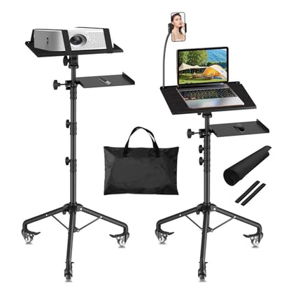 Projector Stand Tripod Laptop Tripod on Wheels with 2 Shelves, Adjustable Height 26 to 49 Inch Portable Podium Stand with Gooseneck Phone Holder for Office, School, Home, DJ Racks