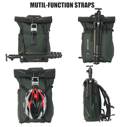Besnfoto Camera Backpack, Waterproof Travel Camera Bag for Photographer Expandable Roll Top Photography Case for DSLR SLR Mirrorless Camera Fit up to 15.6 inch Laptop with Rain Cover - color: Green Ii