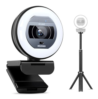 NexiGo 4K Autofocus Webcam Kit, N930E Pro UHD Webcam w/Ring Light, 1080P@60FPS, Dual Noise-Canceling Mics, Built-in Privacy Shutter, Lightweight Mini Tripod, Web Cam for Streaming/Meeting/Gaming