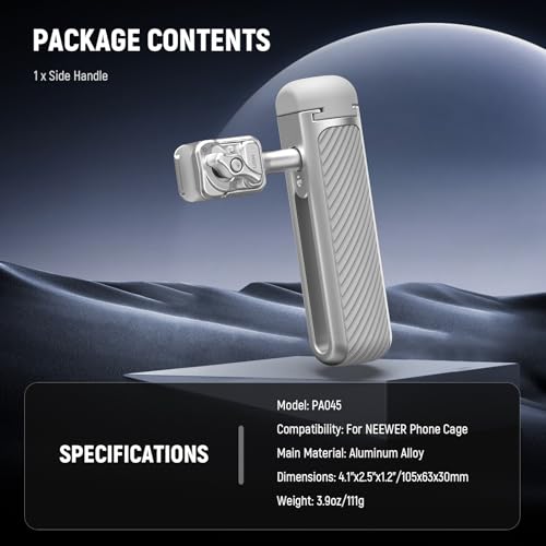 NEEWER Quick Release Side Handle with Anti Off Cold Shoe, 360° Rotation, Nonslip Grid, Compatible with iPhone 16 Pro 16 Pro Max S25 Ultra Phone Cage Accessories, Silver + Gray, PA045 - style: PA045 Silver/Gray