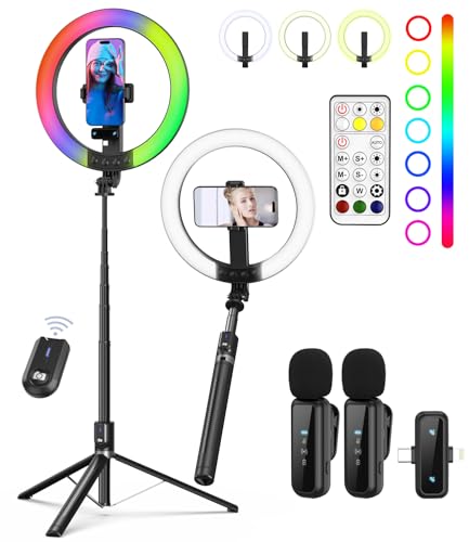 Yeaki Vlogging Kit for iPhone/Android, 10" Selfie Ring Light with Tripod Stand, Wireless Mic & Remote, 74" Tripod for iPhone with Ring Light, YouTube Starter Kit for TikTok, Content Creator & Video