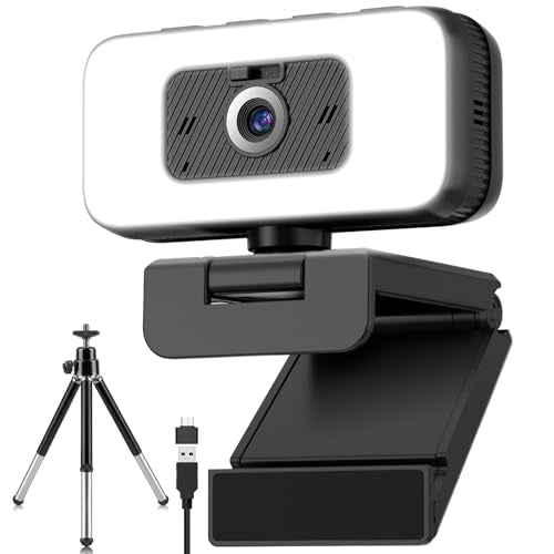 Webcam with Light, 2K HD Web Camera for Desktop Computer PC | Fixed Focus, 80° FOV, USB Plug and Play Web Cam for Video Calls, Online Meetings (4 Buttons-Adjust Brightness/Flip/Zoom) - color: Black