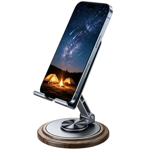 Foldable 360° Rotating Phone Stand for Desk | Cellphone Stand with Anti-Slip Base Portable Phone Holder for iPhone 17 16 15 14 13 Pro Max, All Smart Phones, iPad - color: Wood Grain Black