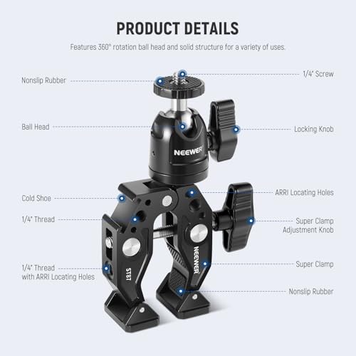 NEEWER ST87 Super Clamp Camera Mount with 360° Ball Head, Phone Holder, Cold Shoe, Action Camera Adapter for Bike Handlebar Pole Desk, Compatible with DJI Osmo Pocket 4 3 Xtra Muse GoPro Hero iPhone
