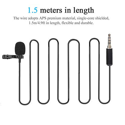 Lavalier Microphone, Professional Grade Omnidirectional Lapel Mic with Easy Clip on System for Recording Interview/Video Conference/Podcast/Voice Dictation/Phone