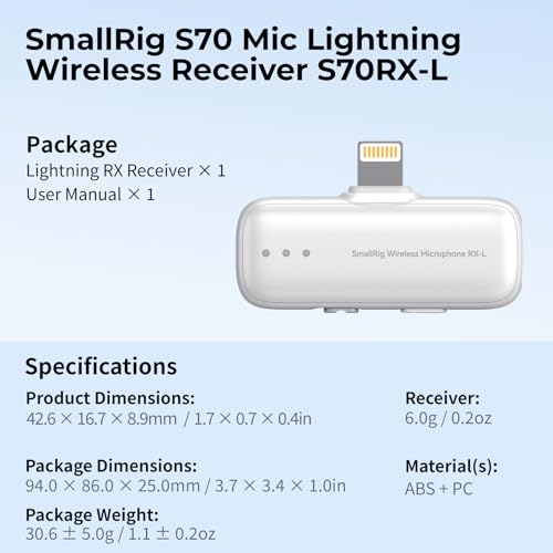 SMALLRIG S70 Mic Lightning Wireless Receiver S70RX-L for iPhone/for iPad, Professionally Tuned by Grammy Winner for Broadcast-Quality Sound in Vlogging, Live Streaming & Content Creation (White) - color: White