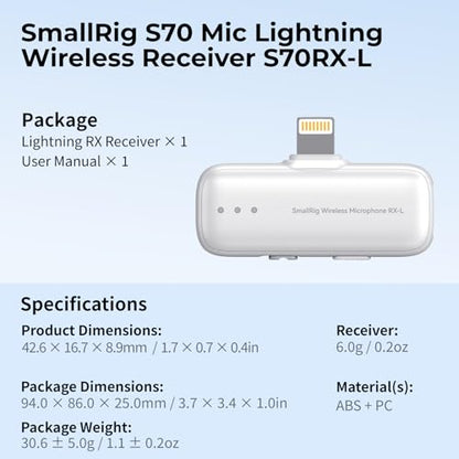 SMALLRIG S70 Mic Lightning Wireless Receiver S70RX-L for iPhone/for iPad, Professionally Tuned by Grammy Winner for Broadcast-Quality Sound in Vlogging, Live Streaming & Content Creation (White) - color: White