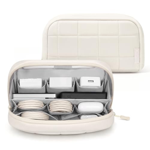 TOPEAST Quilted Cable Organizer Bag, Soft Tech Pouch & Travel Electronics Case with Elastic Pen Loop, Tangle-Free Cord Organizer for Women, Office Desk, AirPods, Chargers & Accessories, Beige - color: Beige