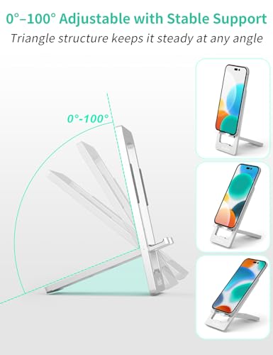 Aoviho Phone Stand for Desk, Ultra-Thin Foldable Aluminum Phone Holder, Portable Travel & Office Cell Phone Stand Compatible with iPhone 17 16 15 14 13 12 Pro Max, Fits 3.7"-7" Devices, Silver - color: Silver