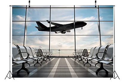10x6.5ft Polyester Fabric Airport Terminal Backdrop Airplane Departure Lounge Window Photography Background Plane Party Decorations Pilot Birthday Banner Travel Theme Video Photo Shoot Props - size: 10x6.5FT