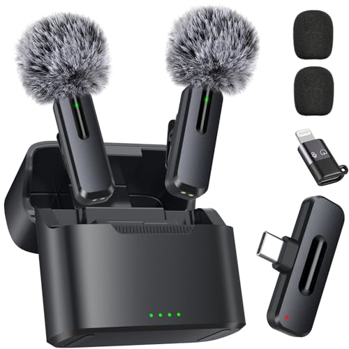 Wireless Mini Microphone for iPhone - 2 Pack Lavalier Microphone for Video Recording, 2 in 1 Noise Reduction Lapel Mic for Ipad, Android,Clip-on Mini Mic with Charging Case - color: Matte Black - Charging Case