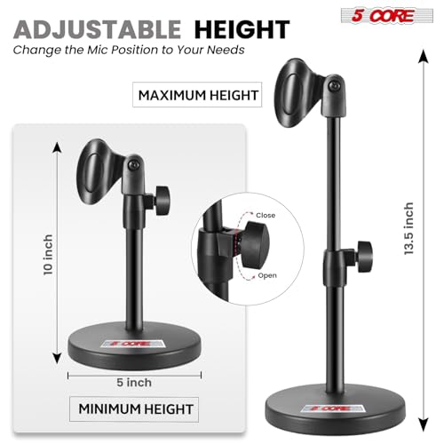 5 Core 3 in 1 Multi Function Desk Microphone Stand Adjustable Table Desktop Mic Stands with Microphone Cell Phone Clip to 3/8" Female to 5/8" Male Metal Adapter Black