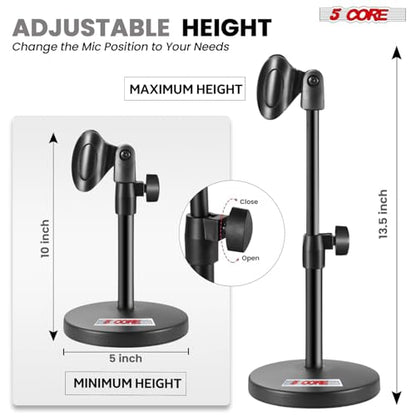 5 Core 3 in 1 Multi Function Desk Microphone Stand Adjustable Table Desktop Mic Stands with Microphone Cell Phone Clip to 3/8" Female to 5/8" Male Metal Adapter Black