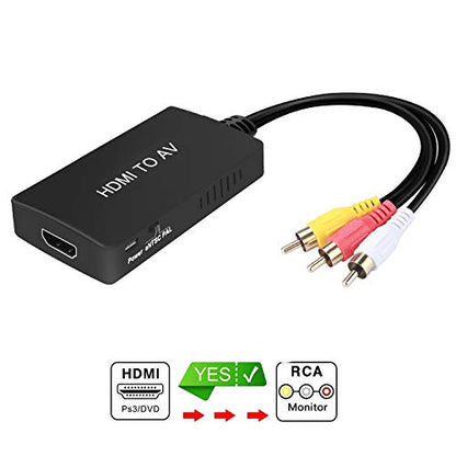 HDMI to RCA Converter, HDMI to AV 3RCA CVBs Composite Video Audio Converter Adapter Supports PAL/NTSC for TV Stick, Roku, Android TV Box, DVD ect, Black