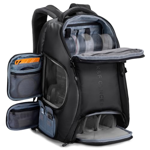 K&F CONCEPT Camera Backpack,25L Large Capacity Camera Bag for Photographers with Raincover and 15.6 Inch Laptop Compartment Compatible for Canon/Nikon/Sony/DJI Mavic Drone - color: 02-all-black, size: 25L