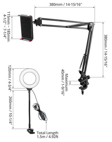 QWORK Overhead Camera Mount, Phone Mount with Ring Light, Flexible Articulating Phone Arm Stand, Phone Holder Stand, Phones Mount Clamp on Desk, for Live Stream, Video Recording and Online Teaching