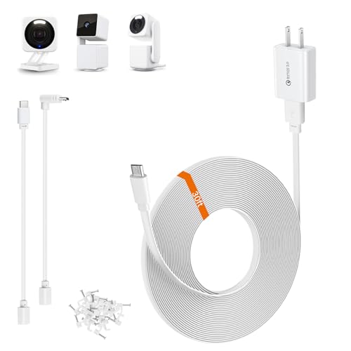 30ft Power Extension Cable Compatible with WYZE Duo Cam Pan, Pan v3, Cam v4/OG/v3 Pro Security Cameras - 9m Long Flat Charging Cord, with 18w Fast Charger 1ft USB-C and Micro-USB 90-Degree Adapters