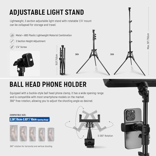 NEEWER Basics 2Pcs LED Video Light Panel with 59'' Tripod Stands/Phone Holders, 2700-6500K 850Lux Dimmable Plastic Studio Lighting for Photography Filming Recording Live Streaming, No Adapter, BP300