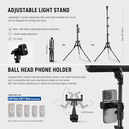 NEEWER Basics 2Pcs LED Video Light Panel with 59'' Tripod Stands/Phone Holders, 2700-6500K 850Lux Dimmable Plastic Studio Lighting for Photography Filming Recording Live Streaming, No Adapter, BP300