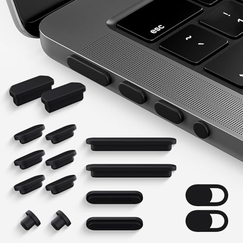 CaseBuy MacBook Pro Accessories, 14 Pack Dust Plug Covers for 2026-2021 MacBook Pro 14/16 inch M5 M4 M3 M2 M1 Pro/Max, Dust Plug for HDMI, Thunderbolt, SDXC, Magsafe, Headphone & 2PCS Webcam Cover - size: 14 Pack
