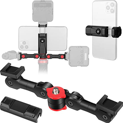 ChromLives Cold Shoe Mount Adapter with Phone Clip,Rotatable Dual Cold Shoe Extension Bracket Hot Shoe Mount Adapter for Led Light/Microphone - color: Red