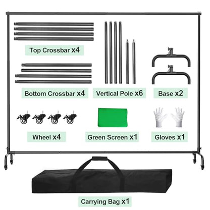 7x10ft Green Screen Backdrop Kit with Stand, 9.5x9.5ft Large Greenscreen Background Movable Backdrop Stand with Wheels for Streaming, Photography, Video Recording