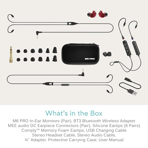 MEE audio M6 PRO Musicians' in-Ear Monitors Wired + Wireless Combo Pack: Includes IEMs, 2 Audio Cables and BT3 Hi-Res Bluetooth Audio Adapter w/aptX, LDAC, Auracast Support, & Built-in Headset (Red) - color: Red, style: IEMs + Bluetooth Adapter