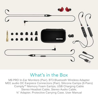 MEE audio M6 PRO Musicians' in-Ear Monitors Wired + Wireless Combo Pack: Includes IEMs, 2 Audio Cables and BT3 Hi-Res Bluetooth Audio Adapter w/aptX, LDAC, Auracast Support, & Built-in Headset (Red) - color: Red, style: IEMs + Bluetooth Adapter