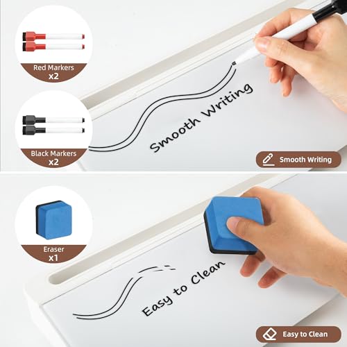 VUSIGN Glass Desktop Whiteboard with Storage, 6.8" x 15.8" Small Dry Erase Board, Desk Organizer Whiteboard, Computer Keyboard Stand, Includes 4 Markers, 1 Eraser for Office, Home, School