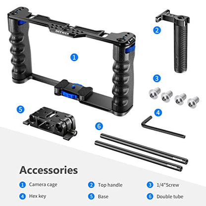 NEEWER Aluminum Alloy Camera Cage, Filmmaking Rig with Top Handle, Dual Grips & Arca Type Base, Compatible with Sony A7S III A7IV A6600 Canon EOS R5C R5 R6 DSLR/Mirrorless Cameras - VS107, Blue - style: VS107 Blue