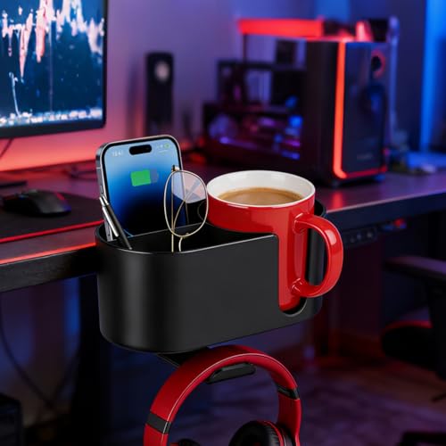 MYITYARD 4 in 1 Desk Cup Holder, Clamp On Drink Holder with Headphone Hanger, Anti-Spill Clip on Desk Organizer for Pen Phone Mug, Gaming Office Desk Accessories fits Most Desks - color: Black-2 with Headphone Hanger