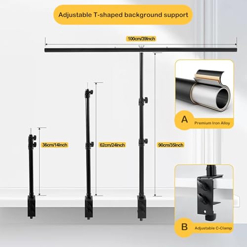Table Backdrop Stand Kit 3 * 3.3 FT for Product Photography Paper Cloth, T Shape Backdrops Stand Adjustable Background Support Stand Kit with 3 Spring Clamps for Food Photoshoot
