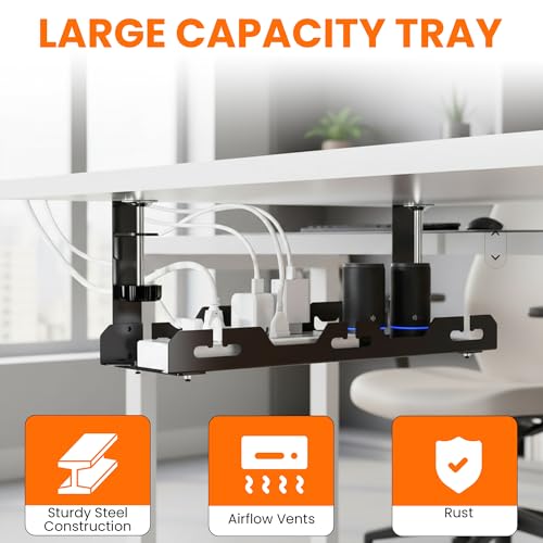 17'' Super Sturdy Cable Tray Under Desk Cord Organizer Standing Desk Cable Management System Large Power Strip Holder Cord Basket With Clamp for Wire Management Rack Office, Home, No Drill & Damage