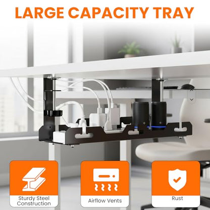 17'' Super Sturdy Cable Tray Under Desk Cord Organizer Standing Desk Cable Management System Large Power Strip Holder Cord Basket With Clamp for Wire Management Rack Office, Home, No Drill & Damage