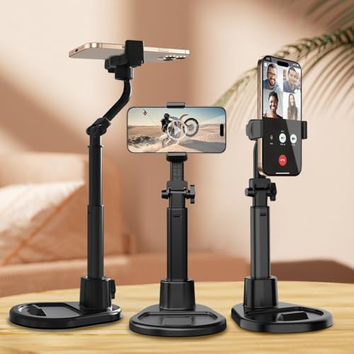 Cell Phone Stand for Desk,360° Rotating Adjustable Angle Height Phone Holder with Stable Metal Base Anti-Slip Recording Chat Tilting Stand Retractable Phone Stand Office Accessories, 4.7"-7",Black - color: Black