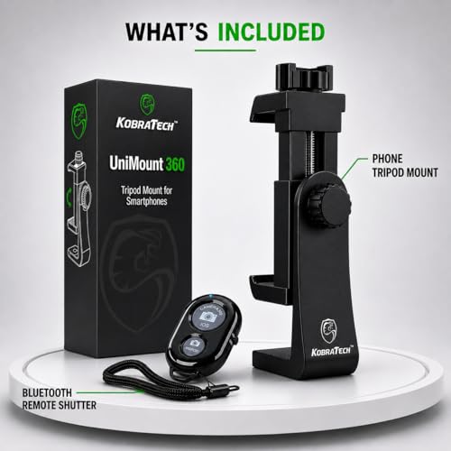 KobraTech iPhone Tripod Mount Adapter - Fits Any Smartphone - Includes Bluetooth Remote Shutter - UniMount 360 Universal Phone Holder for Tripod - size: Standard