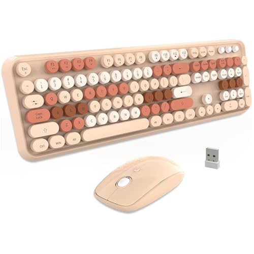FD Wireless Keyboard and Mouse Combo | Cute Colorful Keyboard and Mouse with 2.4GHz Cordless Retro Typewriter Keyboard | Auto-Sleep | USB Receiver for Windows PC/Laptop - Creamy Colorful - color: V2020 Creamy Colorful
