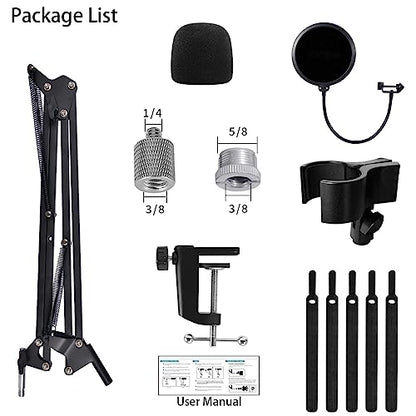 Boom Arm Mic Stand for Blue Yeti, Nano, HyperX QuadCast Snowball Fifine and More Mic, Adjustable Boom Arm Desk Microphone Stand with 3/8" to 5/8" 1/4" Screw, Pop Filter